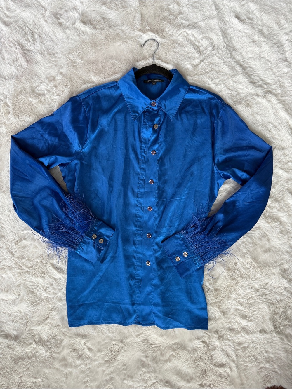 Satin Button-Front Blouse with Feather Cuffs - Royal Blue